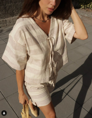Laude the Label Baker Top Womens XXS/XS Terracotta Ticking Stripe Tie Front EUC