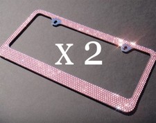2 Pcs Bling 7 Rows Pink Crystal Metal License Plate Frame Free Caps
