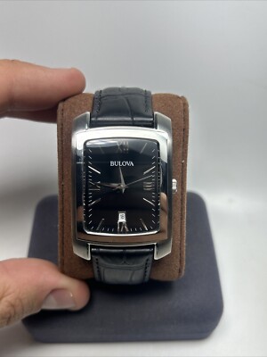 96b269 Bulova Mens Classic Rectangle Date Quartz Black Leather