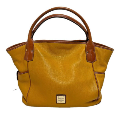 Dooney & Bourke Large Pebbled Mustard Brown Leather Snap Satchel Side Pockets