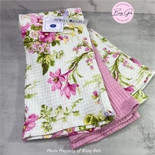April Cornell Kitchen Tea Towels Set of 3 Spring Flowers Pink, Green - NEW