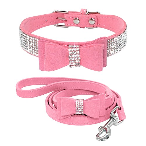 Bling Rhinestone Dog Collar with Bowtie and Lead Pet Puppy Cat Necklace XXS-M - Picture 6 of 17