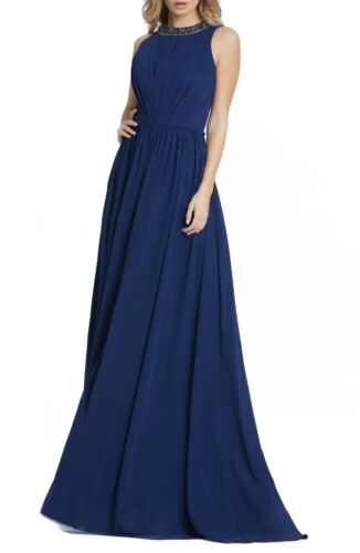Ieena for Mac Duggal Midnight Blue Embellished High Neck Pleated Gown Sz 6 $398