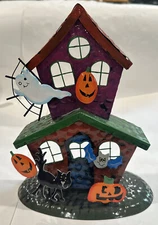 Halloween Metal Haunted House Pumpkins Ghost Votive Tea Light Candle Holder 9.5”