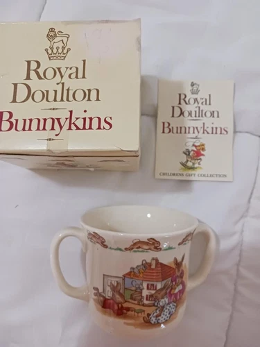 Vintage Royal Doulton Bunnykins Two Handle Mug - Playing w/ Dollhouse