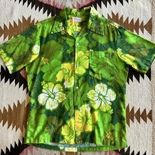 Vtg 1950s Honolulu Selvedge Printed Cotton Hawaiian Shirt Floral Sz M/L - Green