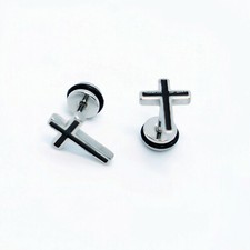 2pcs Stainless Steel Punk Rock Cross Ear Ring Stud Earrings Men Women Piercing