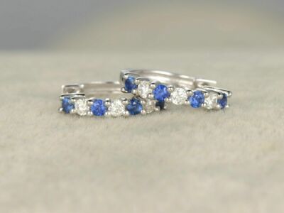 1.40Ct Lab Created Blue Saphire Round Cut Hoop Earrings 14K White Gold Plated