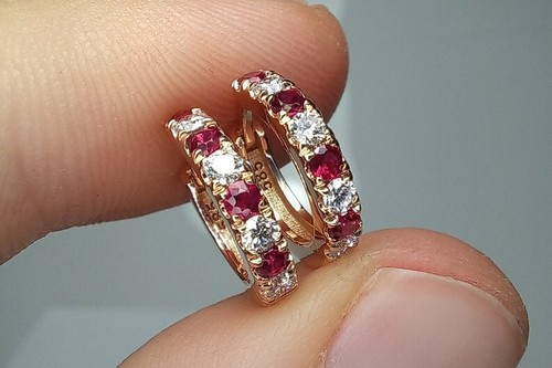 2Ct Round Cut Lab-Created Red Ruby Huggie Hoop Earrings 14K Yellow Gold Plated - Picture 4 of 6