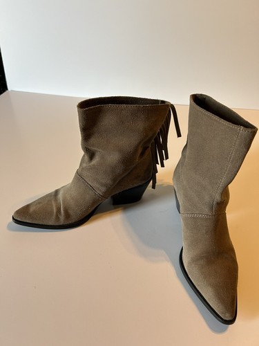ZARA Beige Suede Leather Ankle Boots with side Fringe Cowboy Sz 39 USA 7.5 - Picture 3 of 11