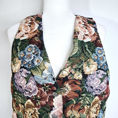Vtg Women’s Sz M Tapestry Vest Black Floral Woven Cottagecore 80s Carpet *Flaw - Picture 2 of 9