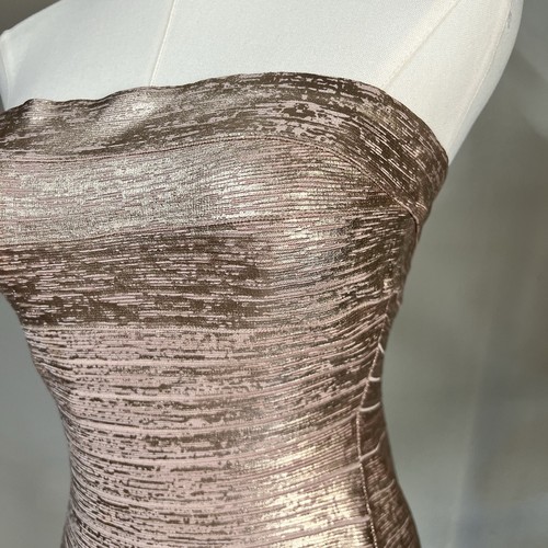 Herve Leger (S) Bandage Mini Dress Rose Gold Foil Metallic Strapless Bodycon - Picture 2 of 14