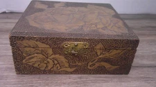 antique wooden box rose design Flemsh Art co. pyrography 1900's era         Z157