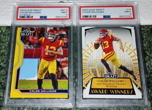 (2) 2023 LEAF DRAFT #14 & V1-GOLD #B1-2 CALEB WILLIAMS ROOKIE RC PSA 9 MINT