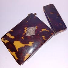 ANTIQUE c1880 SILVER INLAY FAUX TORTOISE SHELL MOTHER OF PEARL CALLING CARD CASE