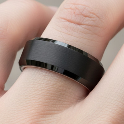 8mm Black Tungsten Men s Ring with White Ceramic Lining and Beveled Profile
