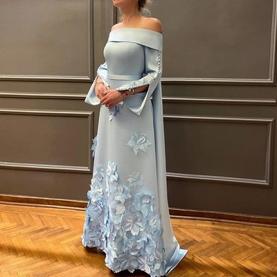 Satin Dress for Bride's Mother Button Cloak Floral Appliques Vestido Para Madre