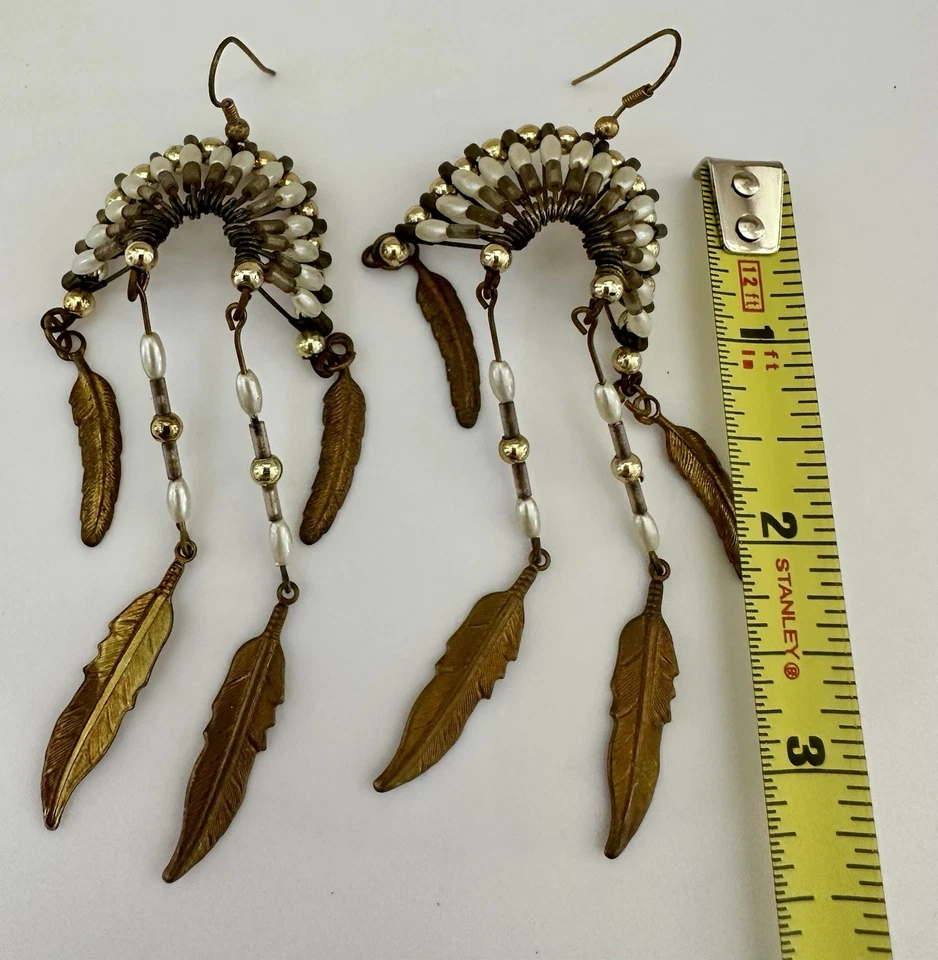 RARE* VTG Native American Beaded Headdress Dangle Earrings Gold Feathers Unique - Image 4 of 4