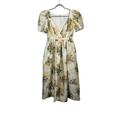 BHLDN Anthropologie Midi Dress Womens 10 Gold Floral Brocade Puff Sleeve Pockets