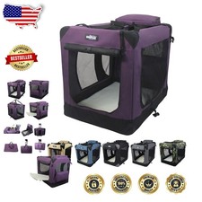3-Door Dog Crate - Large, Purple, 24" w/ Fleece Bed, Easy Fold