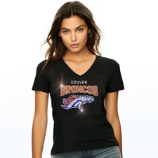 Denver Broncos Rhinestone Relaxed fit Womens Sizing VNeck Bling T-shirt S - 4X