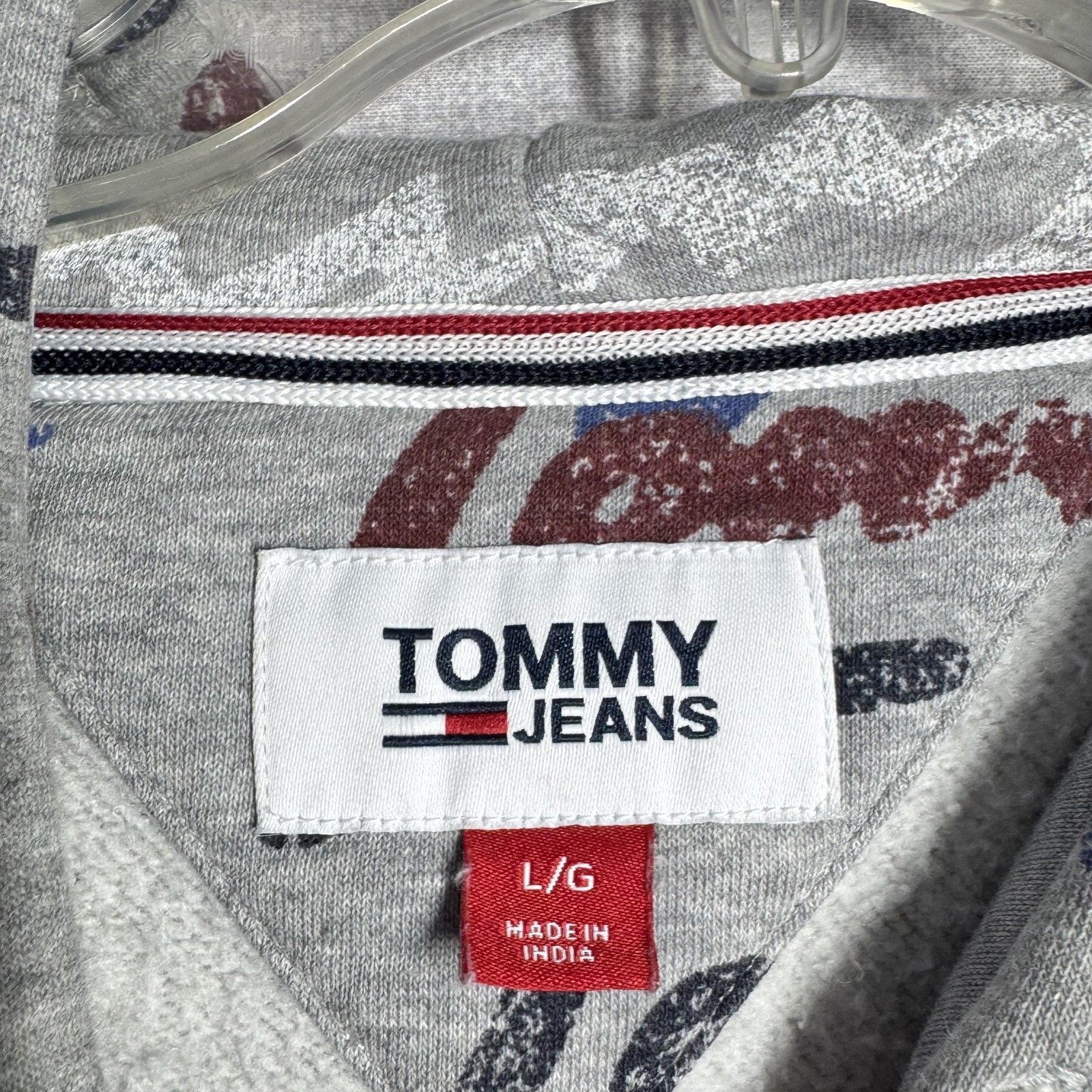 Tommy Jeans Hoodie Mens Large Gray Allover Graphic Logo Script Fleece Pullover thumbnail 4