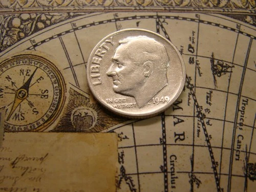 1949-P  ROOSEVELT DIME. 90% SILVER LOW MINTAGE.