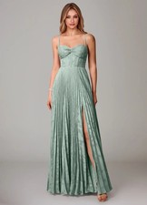 Azazie Akiko Agave Light Blue Green Dress Pleated Chiffon Zip Sweetheart NEW