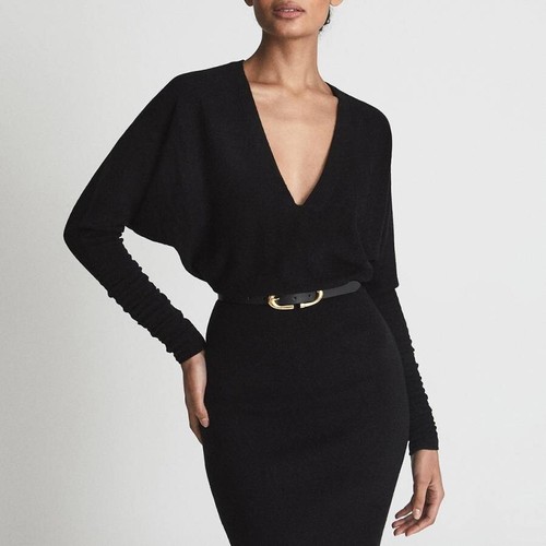 BNWT REISS BLACK BODYCON MIDI WOOL CASHMERE BLEND KNIT JUMPER DRESS SIZE M UK 10 - Picture 2 of 4