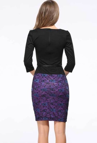 Women Bodycon Patchwork Dress Midi Business Formal Office Pencil Lace Belt 8-18 - Picture 8 of 20