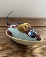 Vintage 3" Mouse Wind-up Toy Tin Litho/Rubber Tail  Cloth Ears Hong Kong