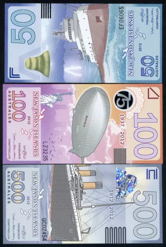 SET, New Jason Islands, 50;100;500 Australes, 2012, POLYMER, UNC Disasters F