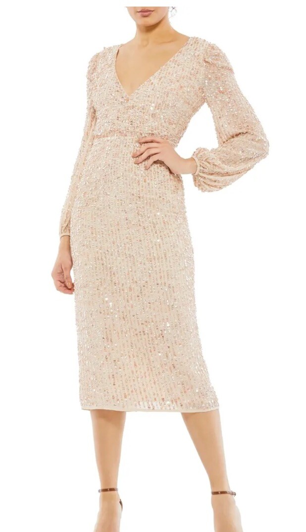Mac Duggal 10764 Sequin Long Sleeve Cocktail Midi Dress SZ 6 Nude