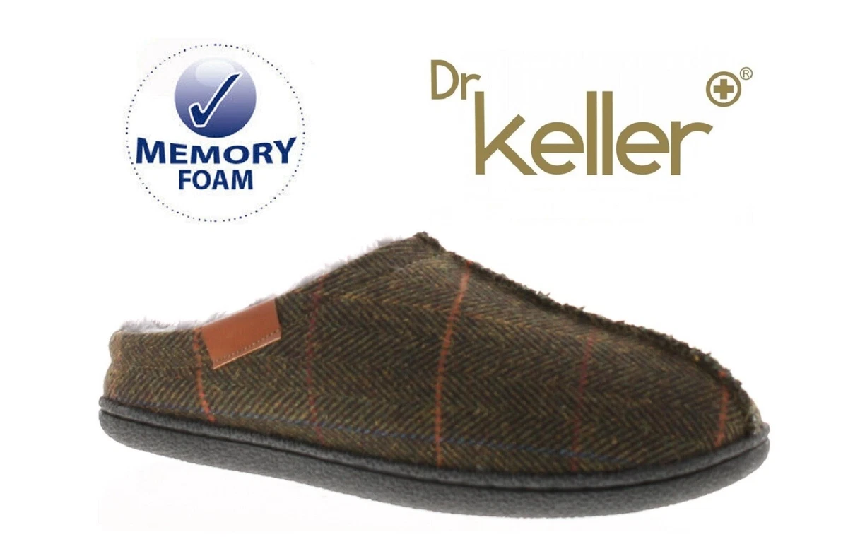 DR KELLER MENS CHECK MEMORY FOAM SLIP ON HARD SOLE MULE SLIPPERS