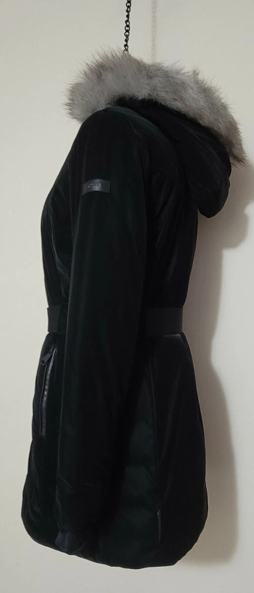 DKNY Women s Liquid Velvet Hooded Belted Puffer Black Coat S eBay