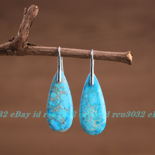 Natural Turquoise Stone Teardrop Dangle Earrings Blue Gemstone Hook Earrings - Picture 8 of 8