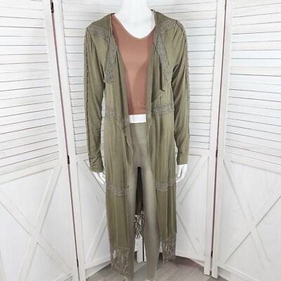 Gimmicks by BKE Buckle Duster Cardigan Women Small Olive Green Boho Lace Trim