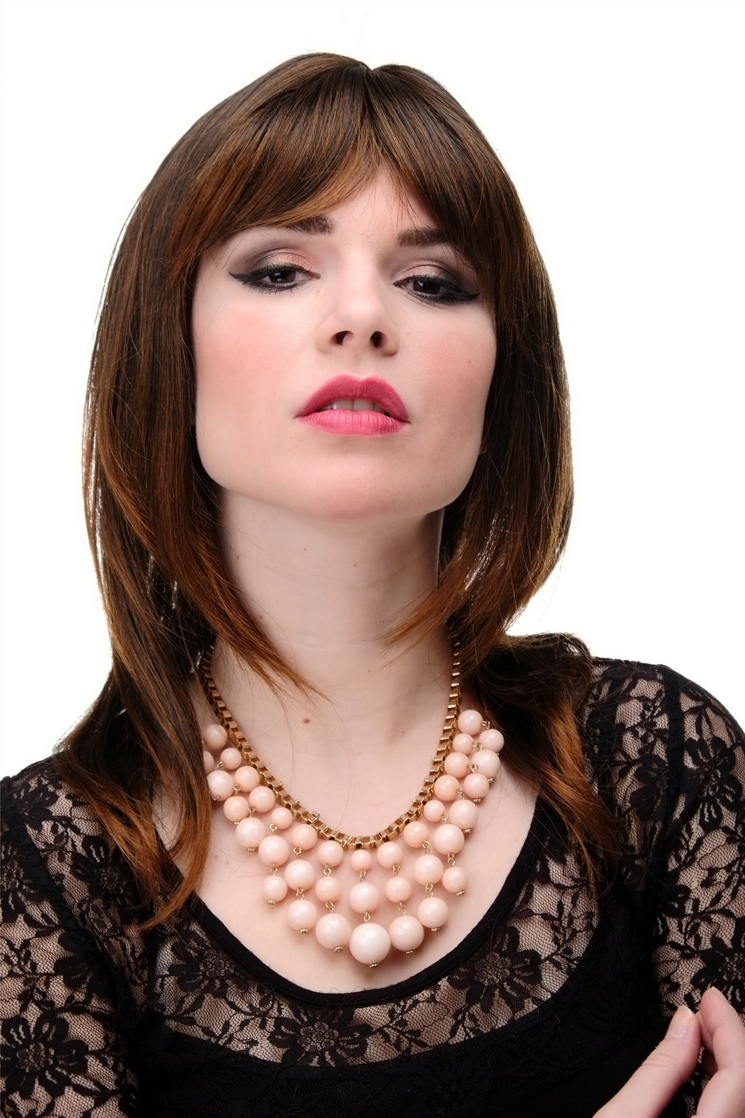 Wig Women Chestnut Brown Mix Straight Shoulder-Length Bangs 50cm 3003-2T30