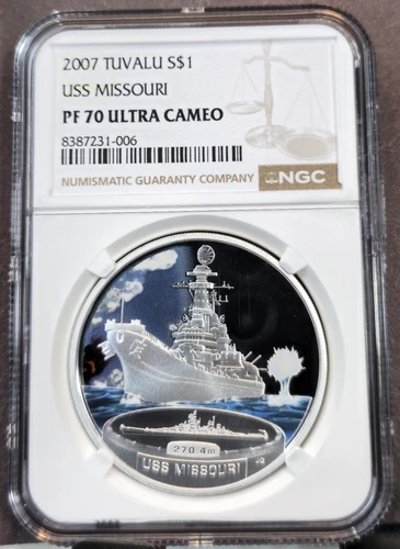 2007 TUVALU SILVER 1 DOLLAR BATTLESHIP USS MISSOURI NGC PF 70 ULTRA CAMEO RARE