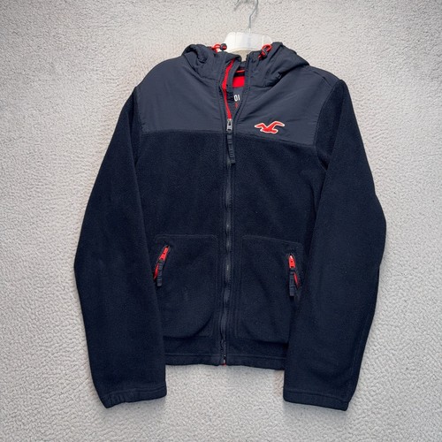 Hollister Jacket Mens Medium Blue Fleece Full Zip Pockets Hooded Preppy FLAW - Picture 2 of 12