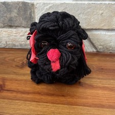 Puppy Dog Yarn Handmade Black Shaggy With Red Ribbons 13 x8 Adorable
