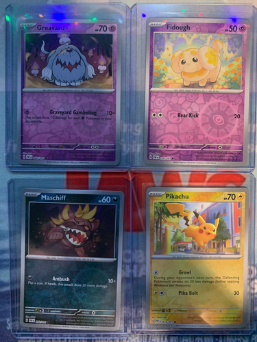 Cosmos Holo Paldean Fates Promos COSTCO- Pikachu, Fidough, Greavard, Maschiff