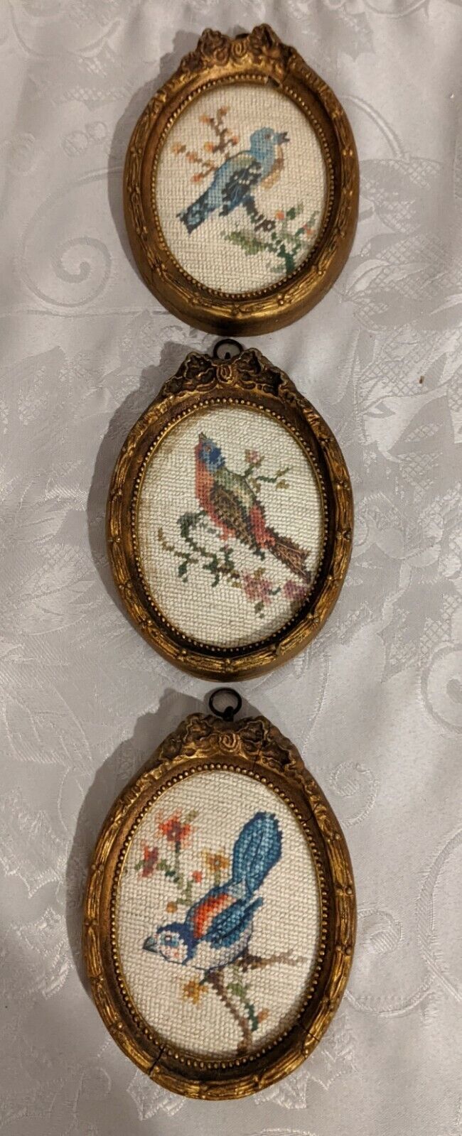 Set of 3 Vintage Cross Stitch Of Birds In ornate Gold Gilt 4x5 F