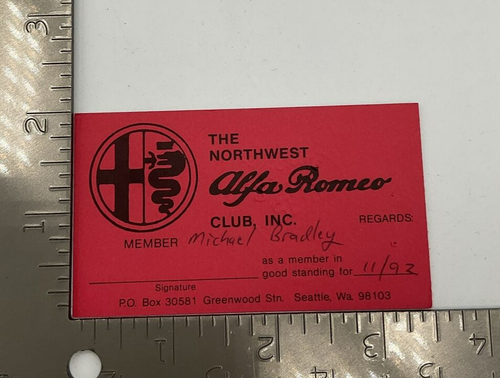 Vintage 1992 Northwest Alfa Romeo Club Membership Card Seattle WA Stamped - Picture 3 of 4