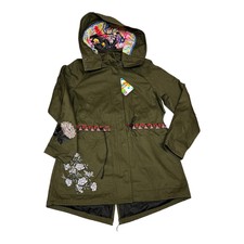 Desigual Coat Parka Victorian Gothic Hooded Jacket Manila Style Olive Green Sz 4