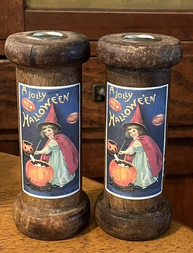 Juego de carretes de hilo de madera primitivos portavelas una calabaza bruja de Halloween alegre - Imagen 2 de 8