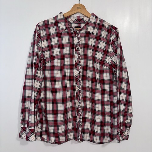 Talbots Damen Karo Knopfleiste Flanell Hemd Rüschen Metallic Rot Weiß XLp