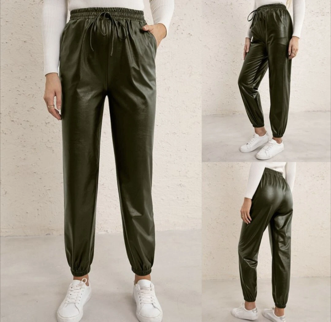 Green faux leather joggers sales