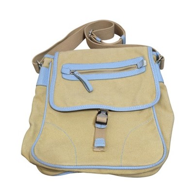Unbranded Messenger Bag Women Medium Tan Blue Canvas Crossbody Buckle Flap