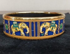 HERMES Enamel Bangle Bracelet Elephant Pattern Gold Rim Blue Fashion Item Auth